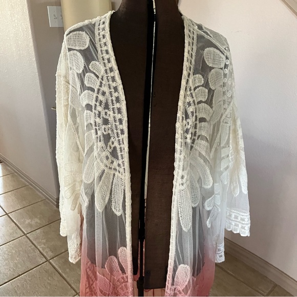 Meri Skye Womens Size 4X / 5X Ivory Pink Lace Ombre Duster Coverup Longline Boho - Picture 3 of 11